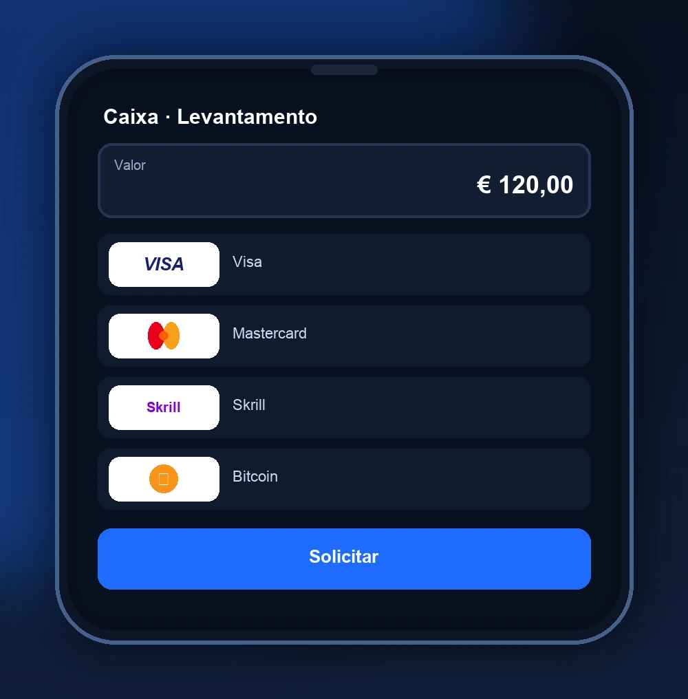 Ecrã de levantamento com o valor do pedido e a lista de métodos disponíveis